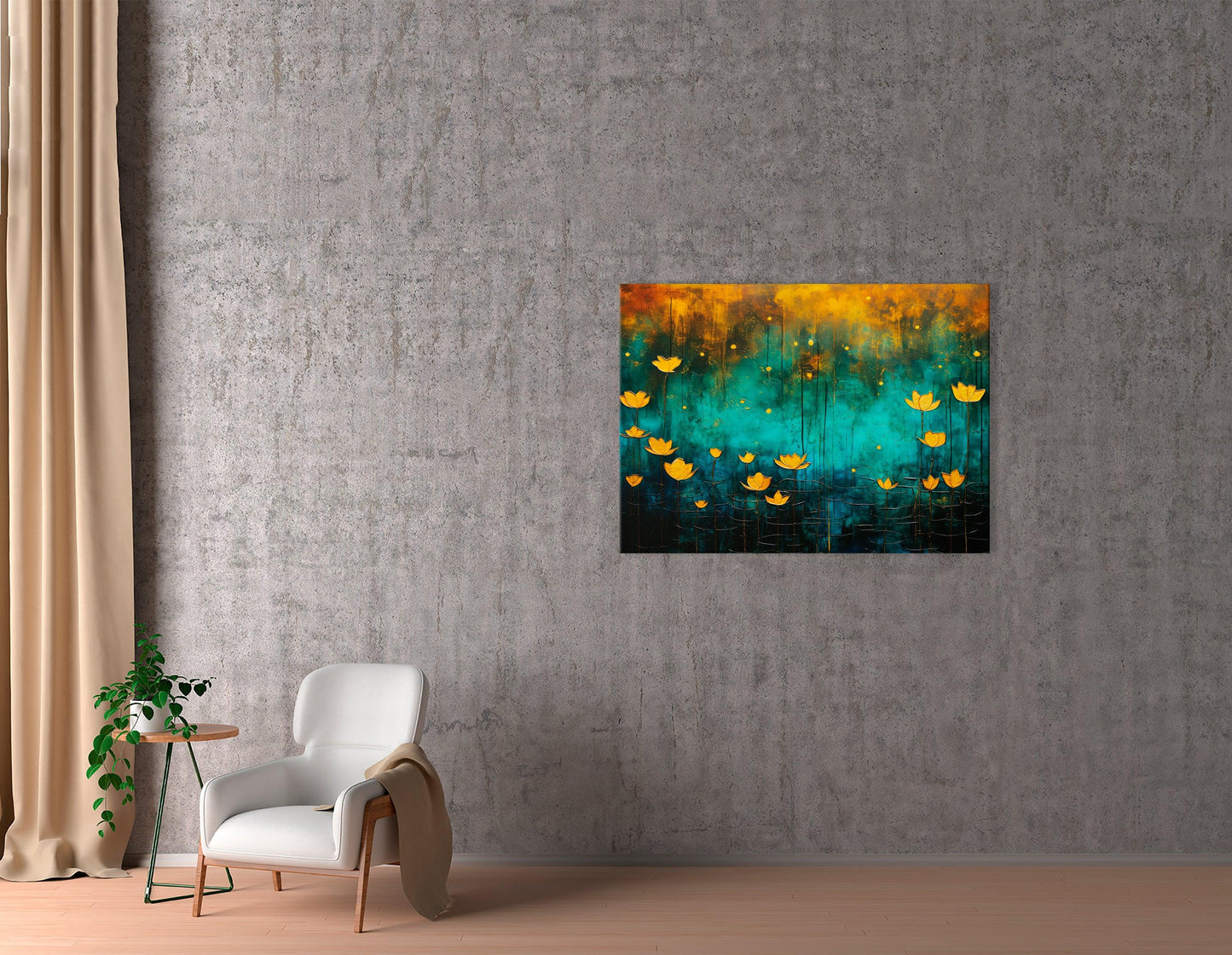 Romantic Riverscape with Golden Lotuses - Canvas Print - Artoholica Ready to Hang Canvas Print