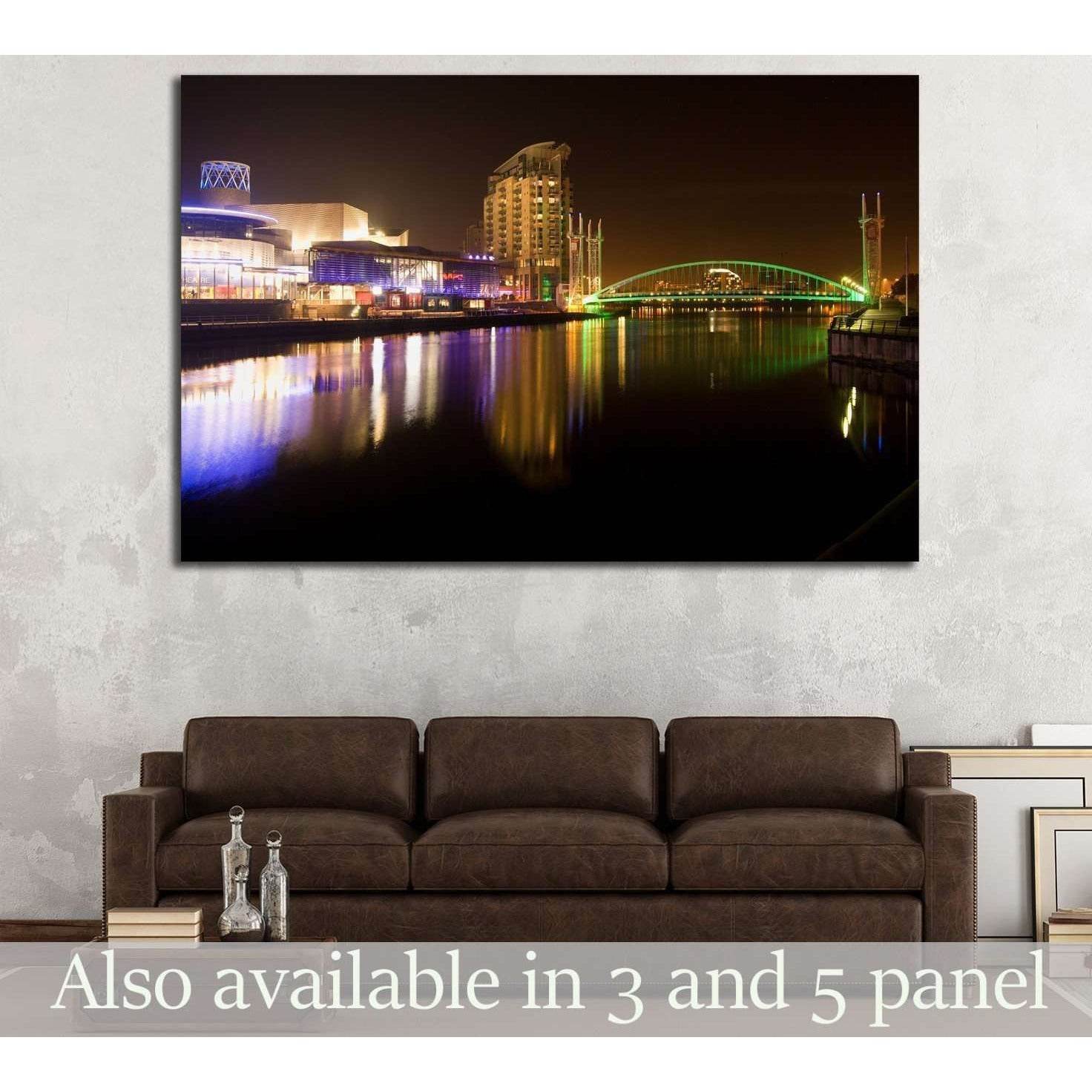 Salford quays and MediaCity at night, millennium lift bridge, Manchester city, United Kingdom №2094 Ready to Hang Canvas PrintCanvas art arrives ready to hang, with hanging accessories included and no additional framing required. Every canvas print is han