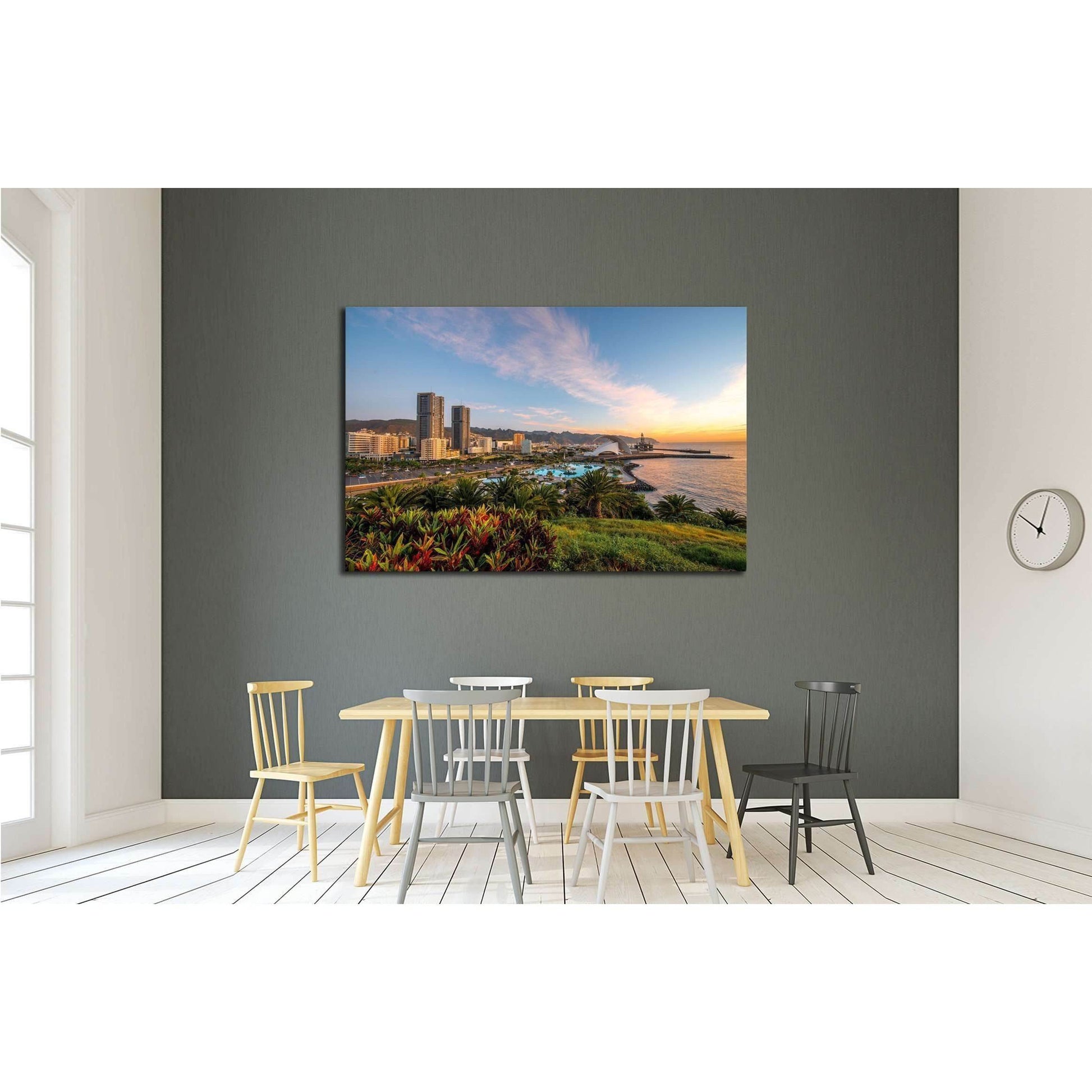 Santa Cruz cityscape view on residential buildings and offices with park and mountains on the sunrise, Canary islands, Spain №2306 Ready to Hang Canvas PrintCanvas art arrives ready to hang, with hanging accessories included and no additional framing requ