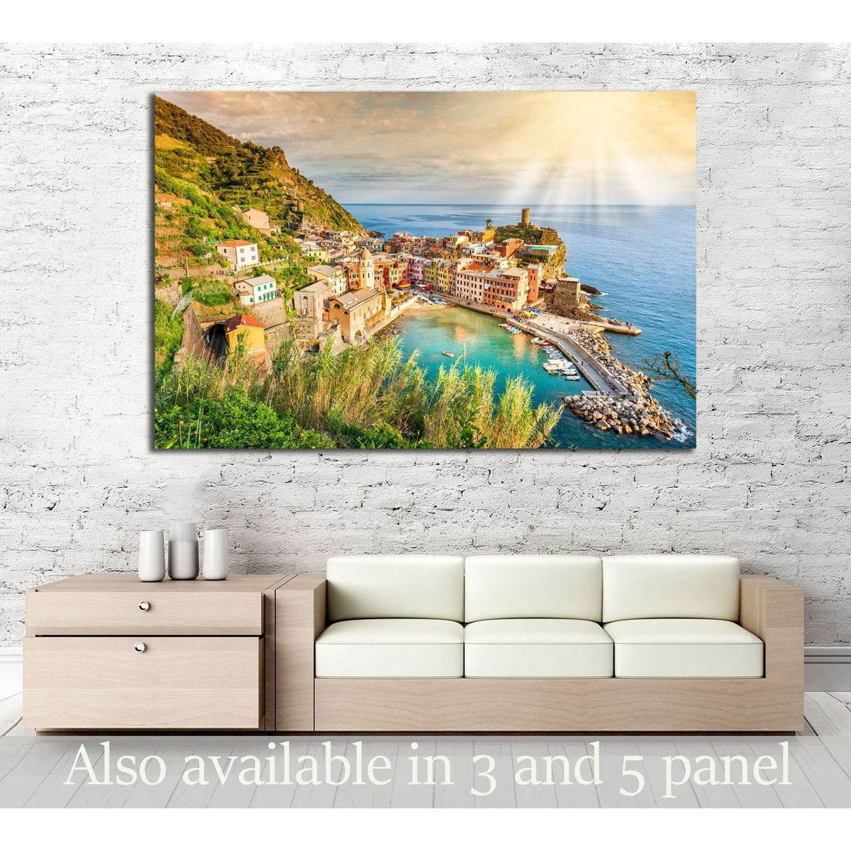 Vernazza Cinque Terre Canvas Print - Italian Seaside Village Wall ArtThis canvas print beautifully captures Vernazza, one of the five centuries-old villages of Cinque Terre, Italy, characterized by its colorful houses and the quaint harbor set against the