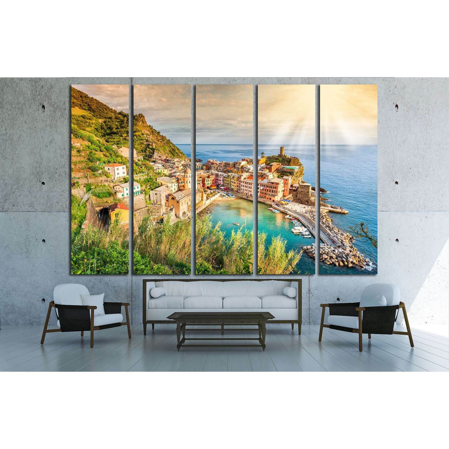 Vernazza Cinque Terre Canvas Print - Italian Seaside Village Wall ArtThis canvas print beautifully captures Vernazza, one of the five centuries-old villages of Cinque Terre, Italy, characterized by its colorful houses and the quaint harbor set against the