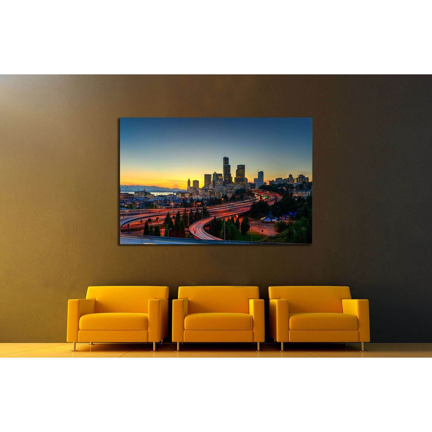 Seattle skylines and highway traffic motion in the sunset. The view from Rizal Park in Seattle, Washington, US №2180 Ready to Hang Canvas PrintCanvas art arrives ready to hang, with hanging accessories included and no additional framing required. Every ca