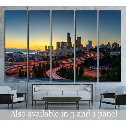 Seattle skylines and highway traffic motion in the sunset. The view from Rizal Park in Seattle, Washington, US №2180 Ready to Hang Canvas PrintCanvas art arrives ready to hang, with hanging accessories included and no additional framing required. Every ca