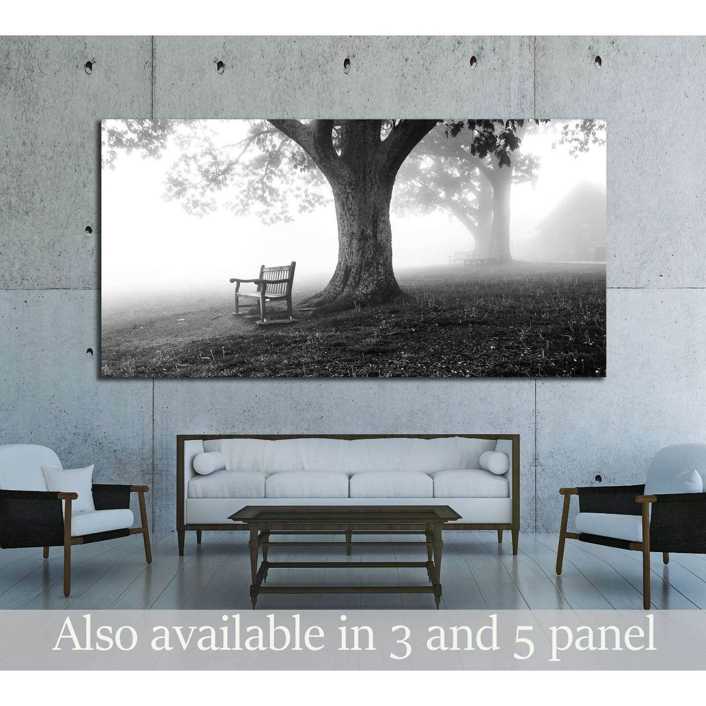 Shenandoah Park Misty Morning Canvas Print - B&W Nature Wall ArtThis canvas print captures a serene monochromatic scene from Shenandoah National Park, depicting a solitary bench under a large tree, enveloped in mist. The image conveys a sense of peaceful