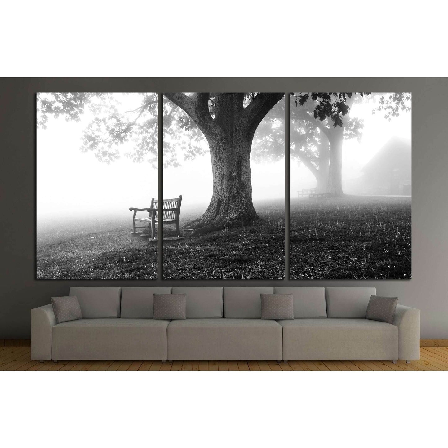 Shenandoah Park Misty Morning Canvas Print - B&W Nature Wall ArtThis canvas print captures a serene monochromatic scene from Shenandoah National Park, depicting a solitary bench under a large tree, enveloped in mist. The image conveys a sense of peaceful