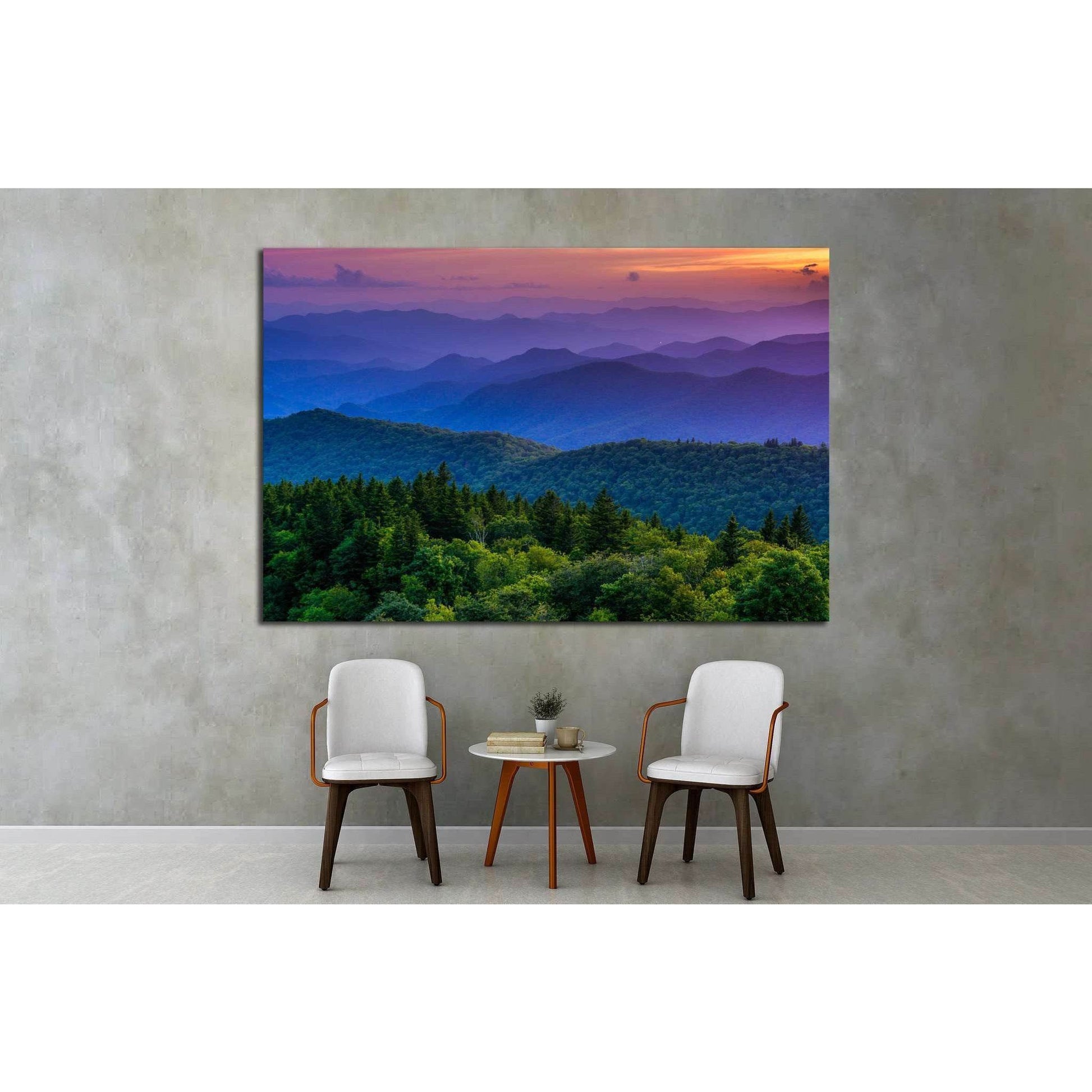 Sunset from Cowee Mountains Overlook, on the Blue Ridge Parkway in North Carolina №1970 Ready to Hang Canvas PrintThis canvas print elegantly captures a sunset over a rolling mountain landscape, presenting a harmonious blend of purple skies and verdant gr