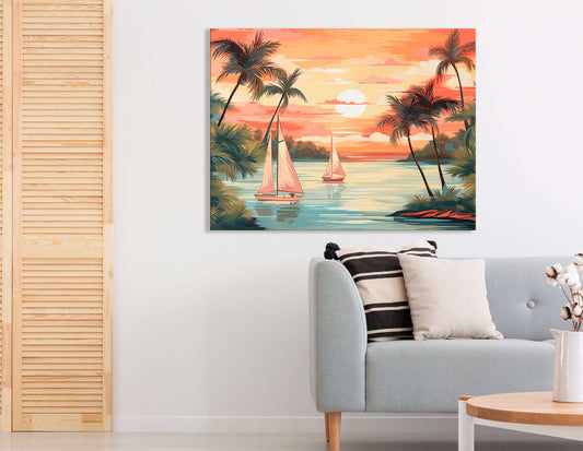 Sunset Lake with Sailboats - Canvas Print - Artoholica Ready to Hang Canvas Print