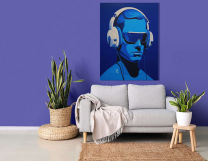 Surreal Figure in Headphones on Blue - Canvas Print - Artoholica Ready to Hang Canvas Print