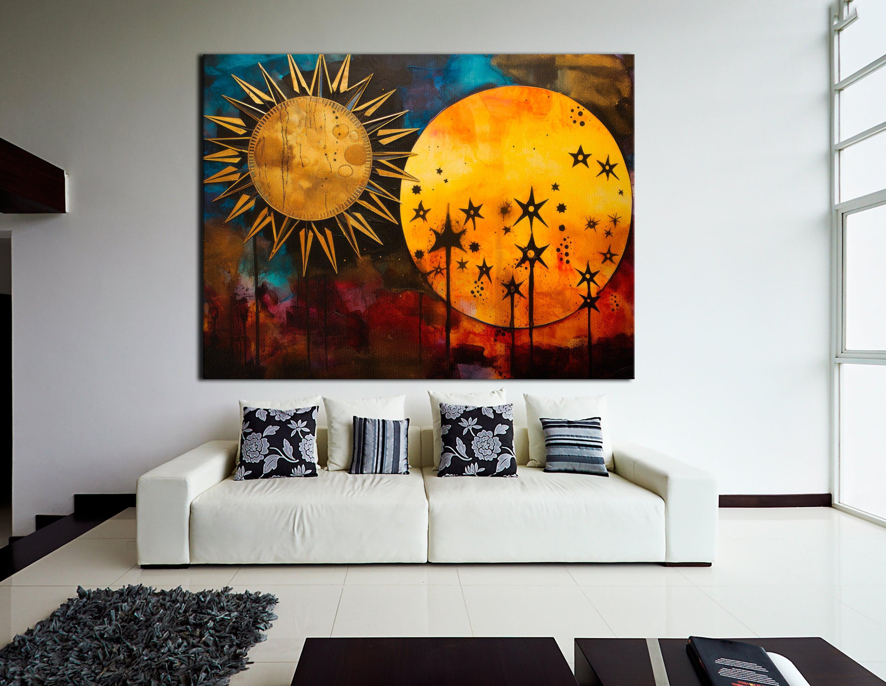 Surrealistic Sky: Sun, Stars, Moon - Canvas Print - Artoholica Ready to Hang Canvas Print