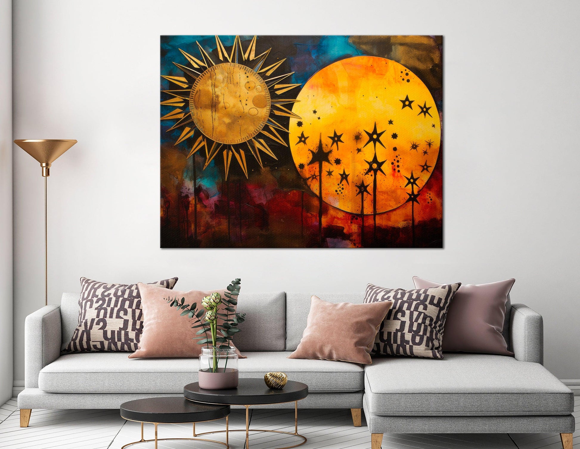 Surrealistic Sky: Sun, Stars, Moon - Canvas Print - Artoholica Ready to Hang Canvas Print