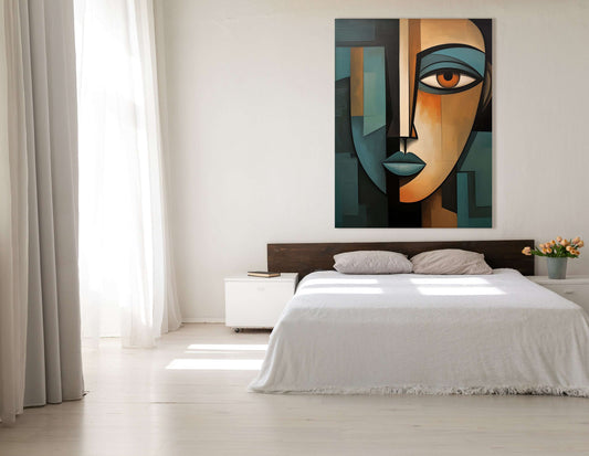 Teal and Brown Cubist Portrait - Canvas Print - Artoholica Ready to Hang Canvas Print