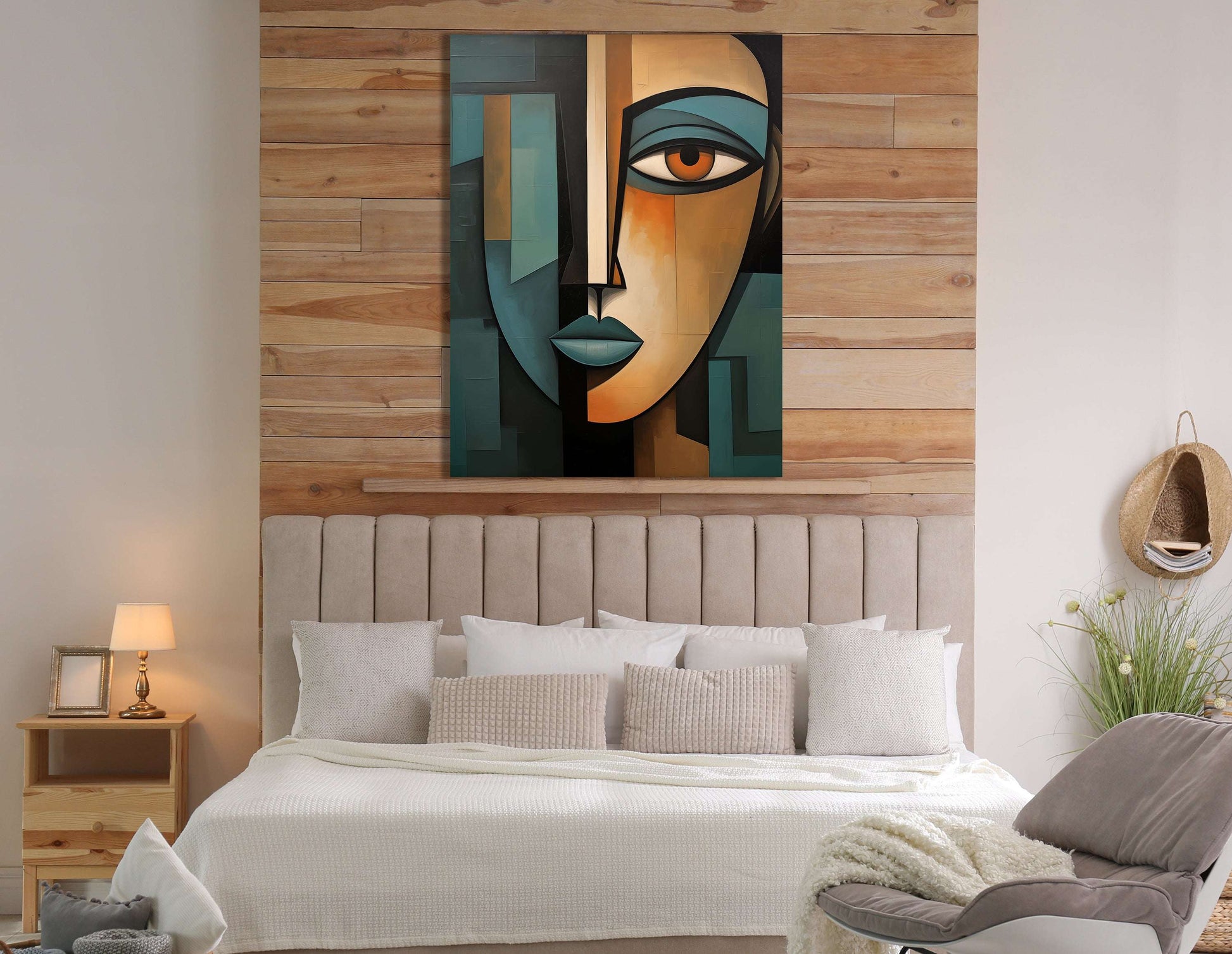 Teal and Brown Cubist Portrait - Canvas Print - Artoholica Ready to Hang Canvas Print