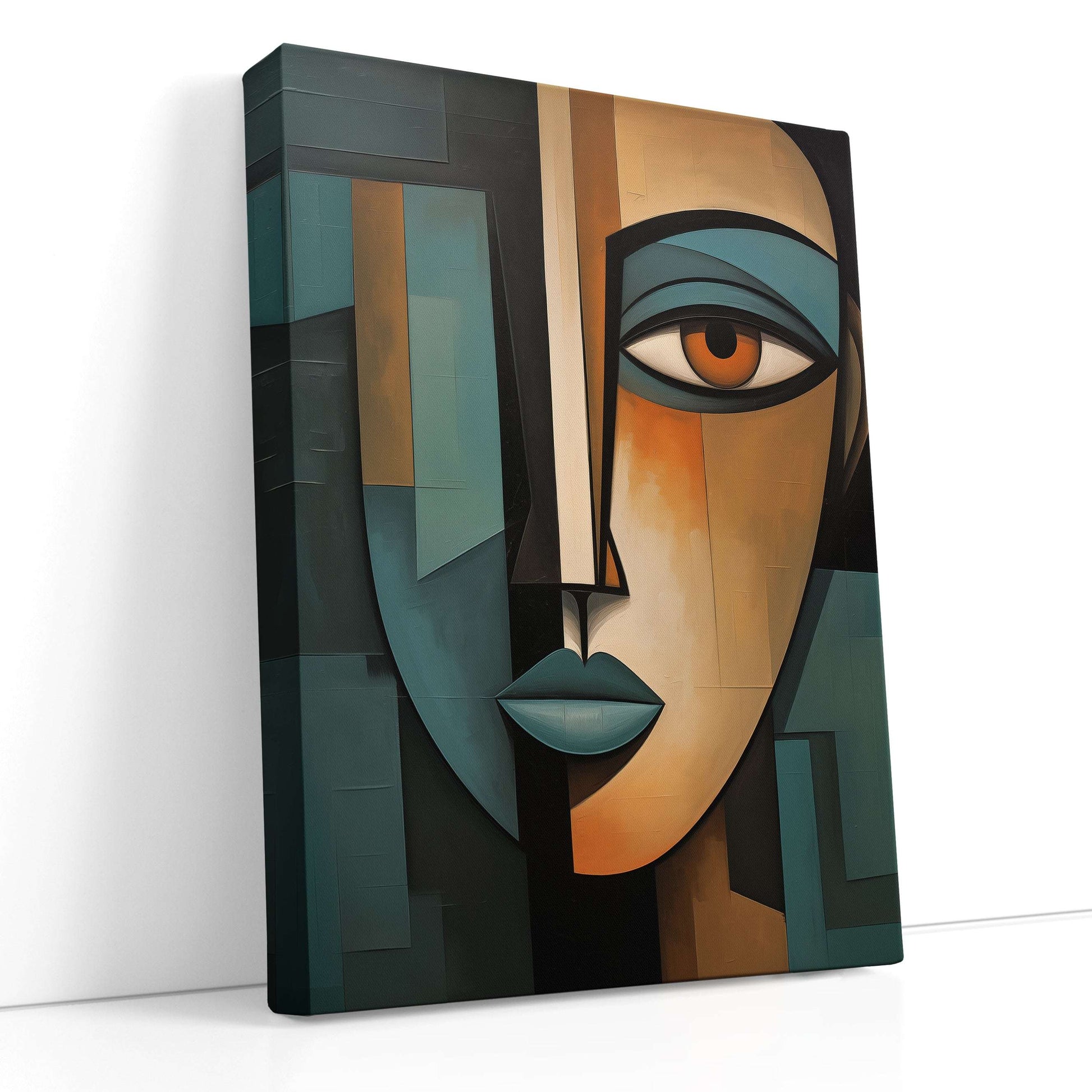 Teal and Brown Cubist Portrait - Canvas Print - Artoholica Ready to Hang Canvas Print