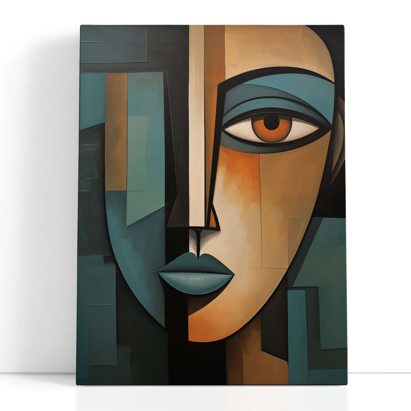 Teal and Brown Cubist Portrait - Canvas Print - Artoholica Ready to Hang Canvas Print