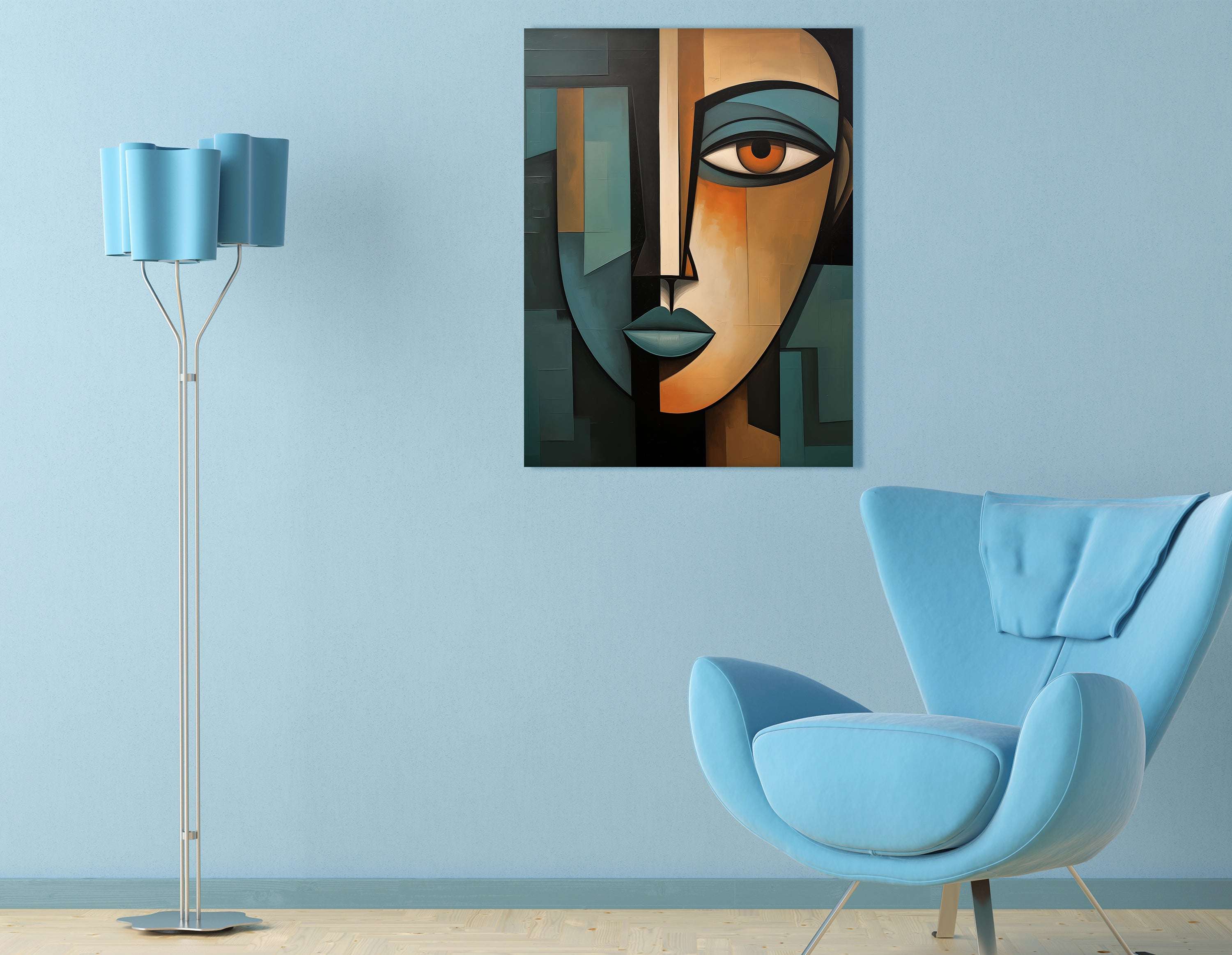 Teal and Brown Cubist Portrait - Canvas Print - Artoholica Ready to Hang Canvas Print