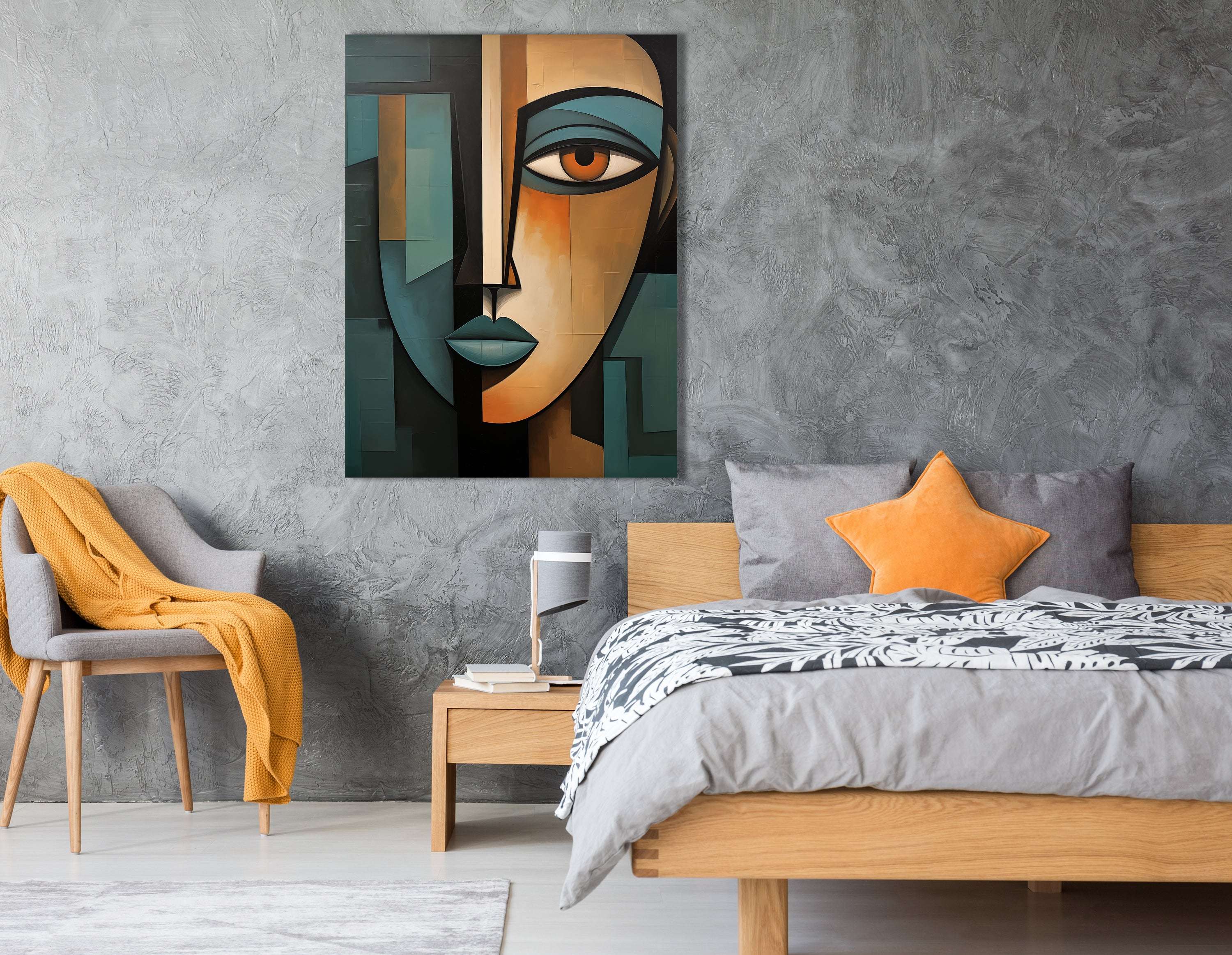Teal and Brown Cubist Portrait - Canvas Print - Artoholica Ready to Hang Canvas Print