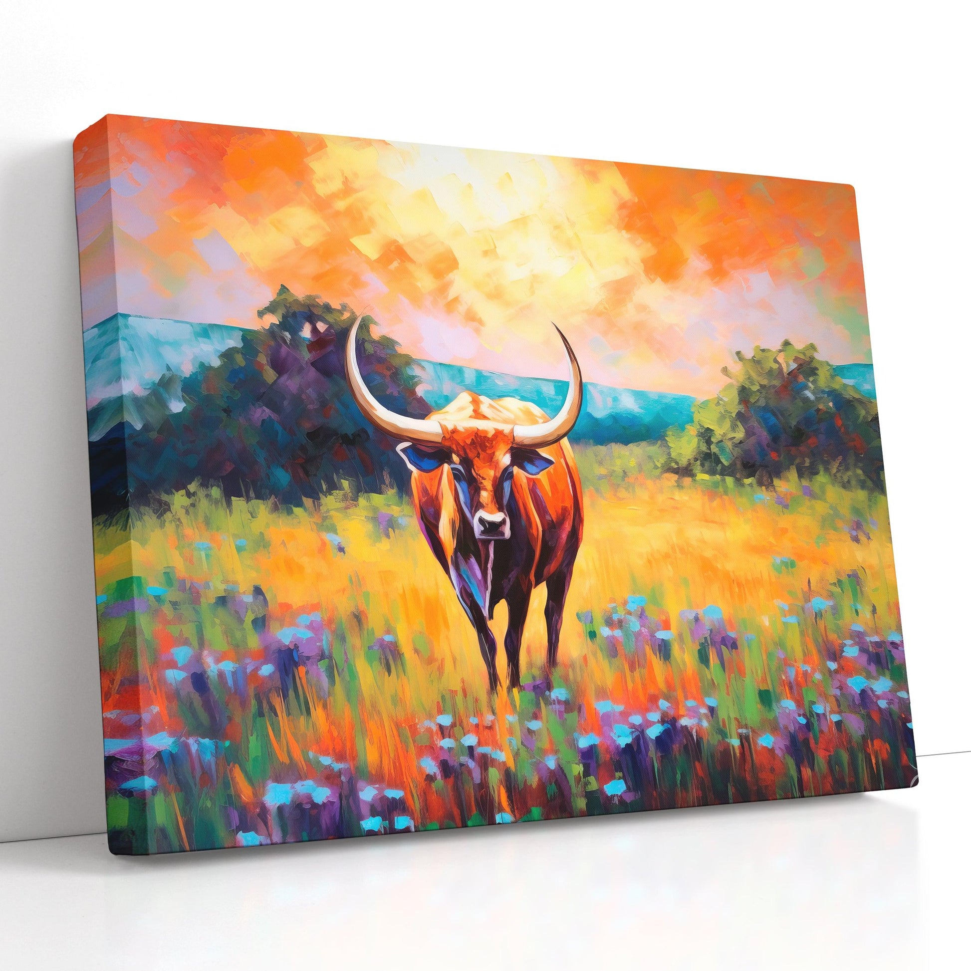 Texas Longhorn Bull in the Blooming Field - Canvas Print - Artoholica Ready to Hang Canvas Print