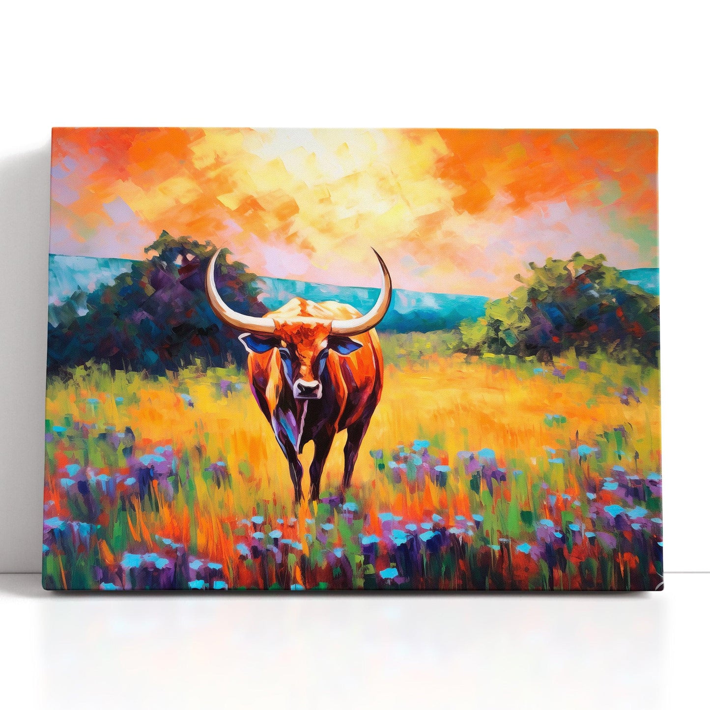 Texas Longhorn Bull in the Blooming Field - Canvas Print - Artoholica Ready to Hang Canvas Print