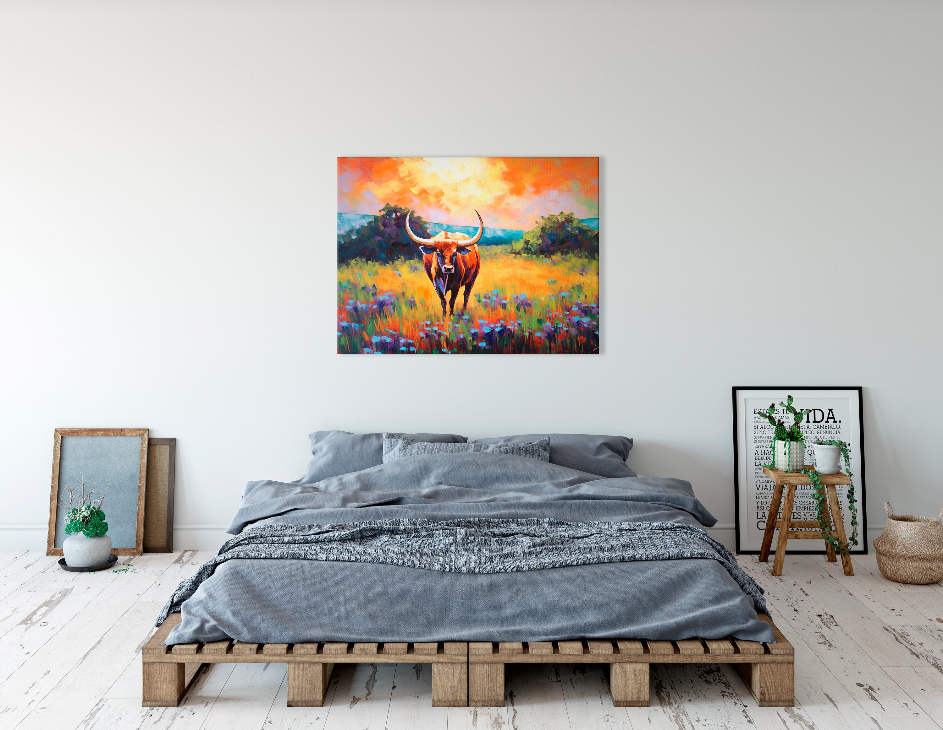 Texas Longhorn Bull in the Blooming Field - Canvas Print - Artoholica Ready to Hang Canvas Print