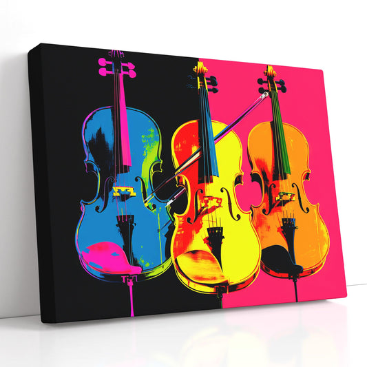 Three Neon Pop Art Violins - Canvas Print - Artoholica Ready to Hang Canvas Print