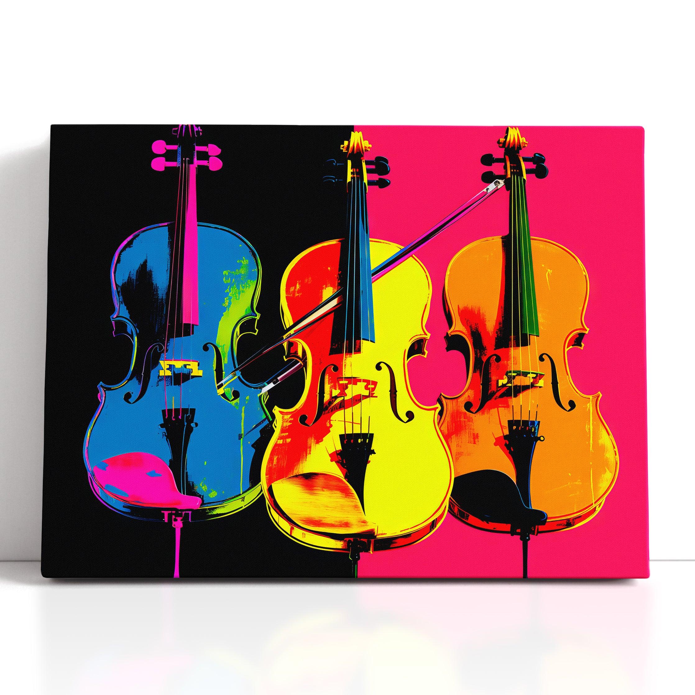 Three Neon Pop Art Violins - Canvas Print - Artoholica Ready to Hang Canvas Print