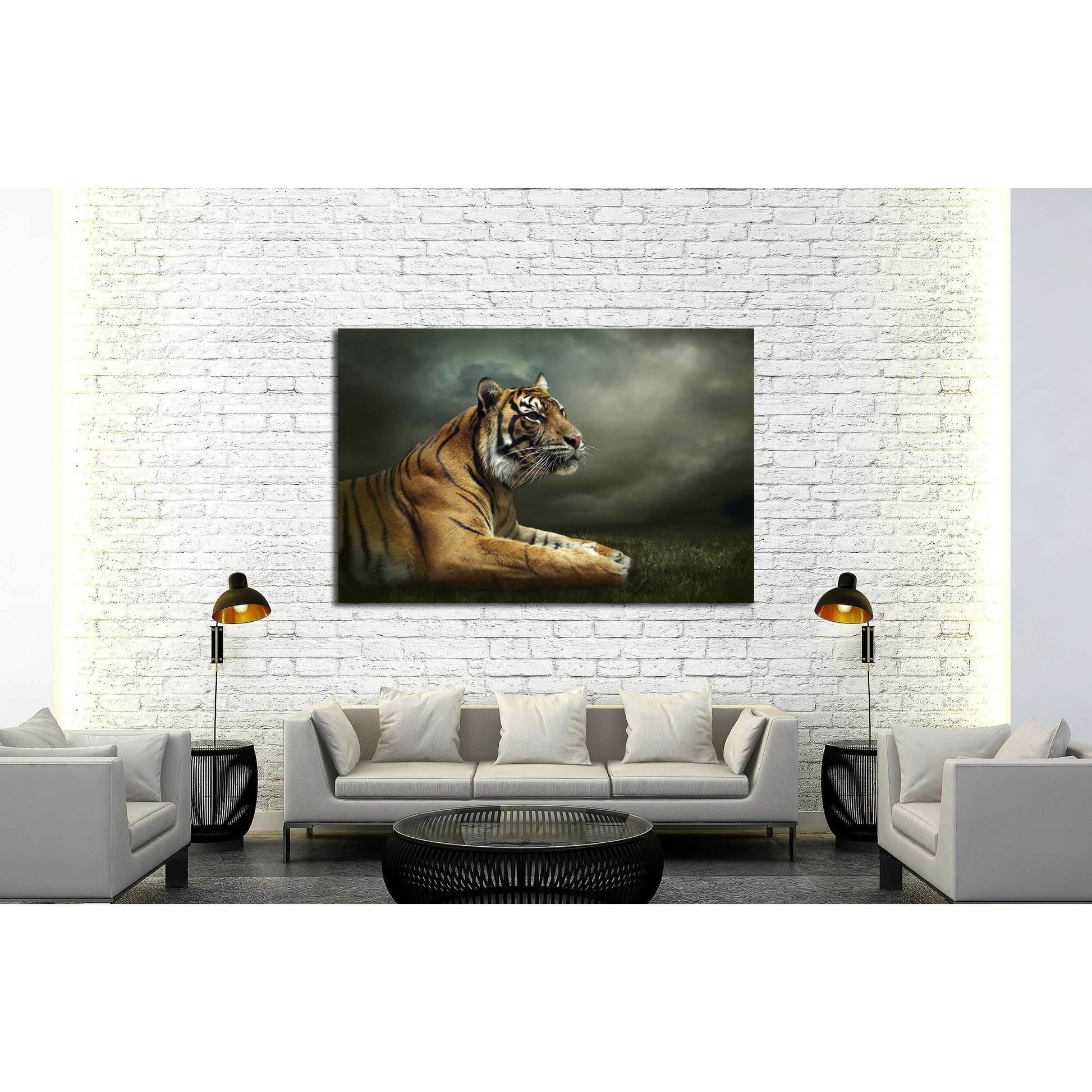 Tiger looking and sitting under dramatic sky with clouds №2347 Ready to Hang Canvas PrintCanvas art arrives ready to hang, with hanging accessories included and no additional framing required. Every canvas print is hand-crafted, made on-demand at our work