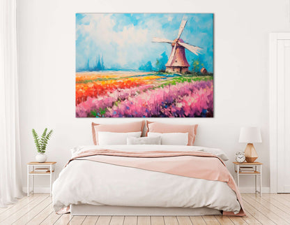 Tulip Field with Windmill - Canvas Print - Artoholica Ready to Hang Canvas Print