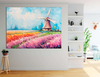 Tulip Field with Windmill - Canvas Print - Artoholica Ready to Hang Canvas Print