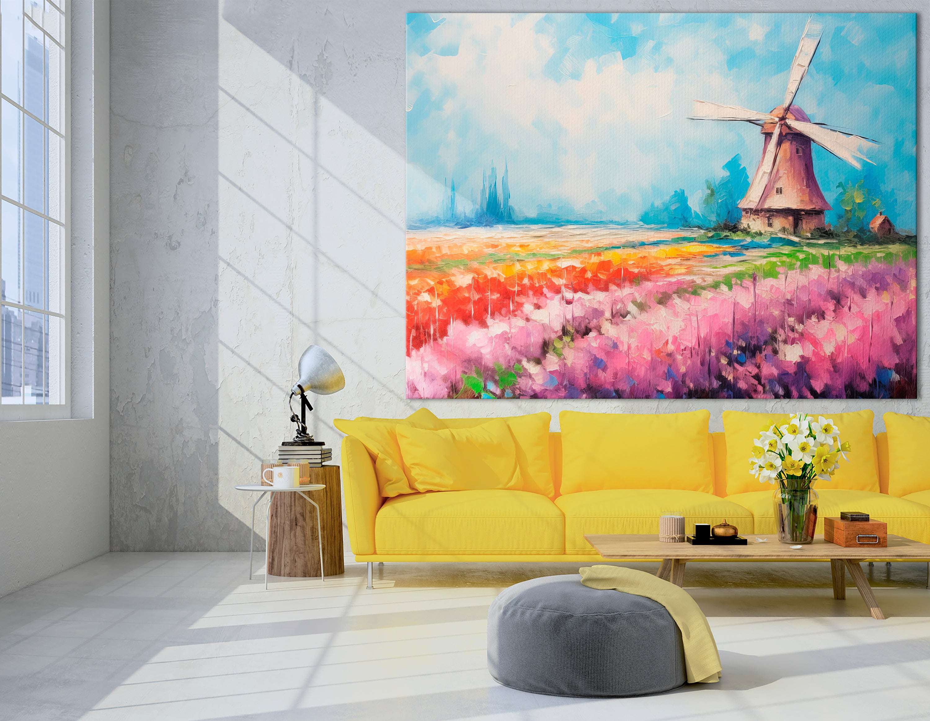 Tulip Field with Windmill - Canvas Print - Artoholica Ready to Hang Canvas Print