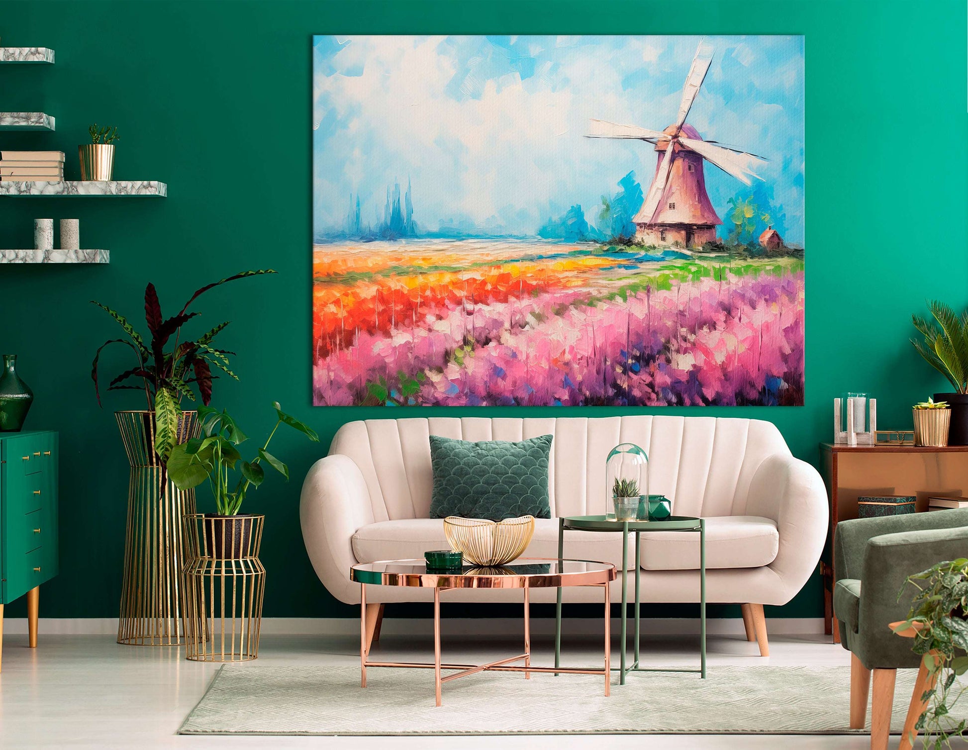 Tulip Field with Windmill - Canvas Print - Artoholica Ready to Hang Canvas Print