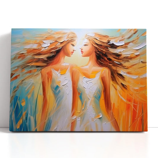 Two Girls at Sunrise in Wheat Field - Canvas Print - Artoholica Ready to Hang Canvas Print