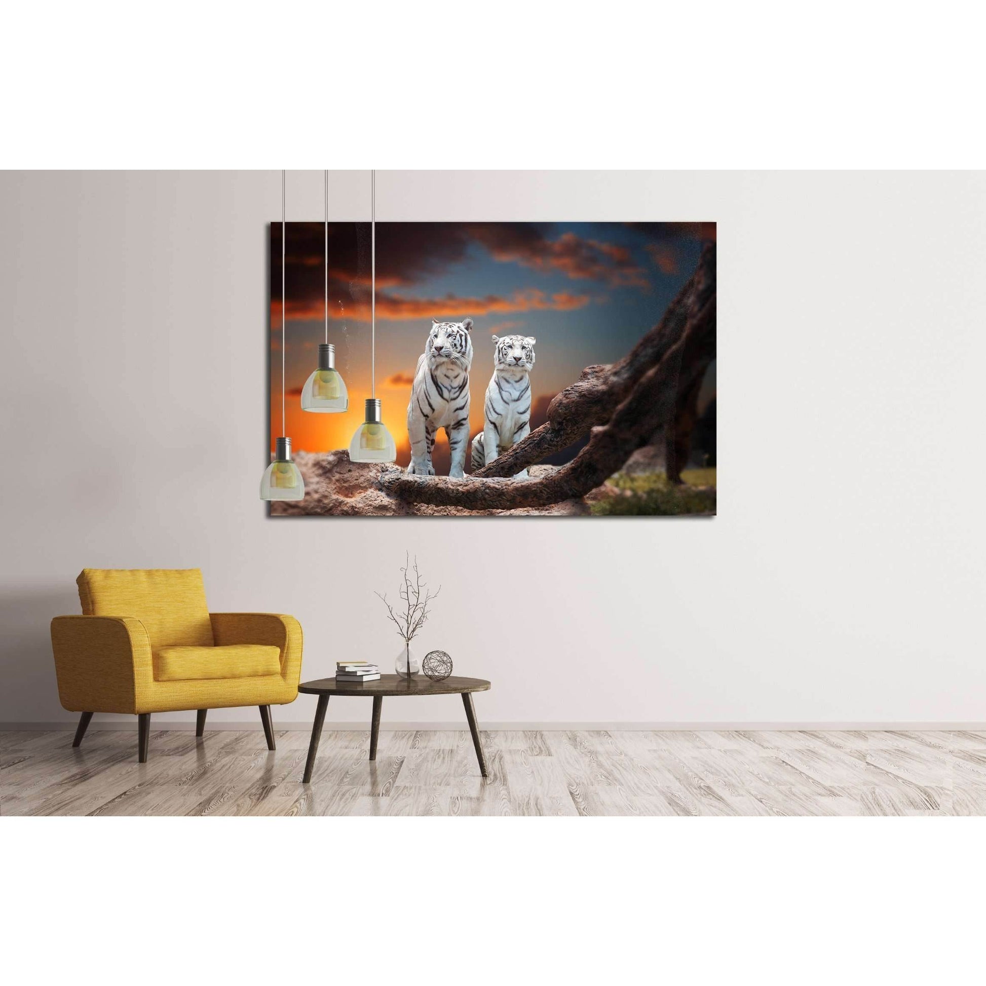 two white tiger sitting on a rock and watching the sunset №2362 Ready to Hang Canvas PrintCanvas art arrives ready to hang, with hanging accessories included and no additional framing required. Every canvas print is hand-crafted, made on-demand at our wor