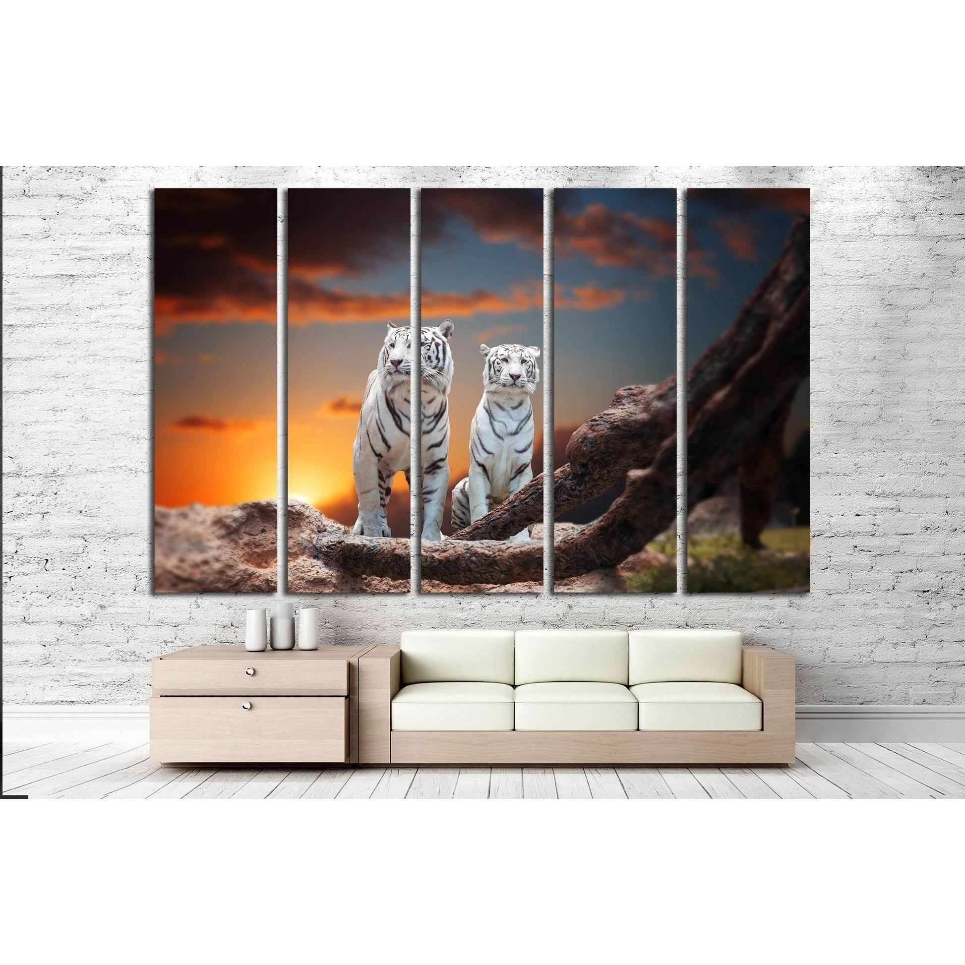 two white tiger sitting on a rock and watching the sunset №2362 Ready to Hang Canvas PrintCanvas art arrives ready to hang, with hanging accessories included and no additional framing required. Every canvas print is hand-crafted, made on-demand at our wor