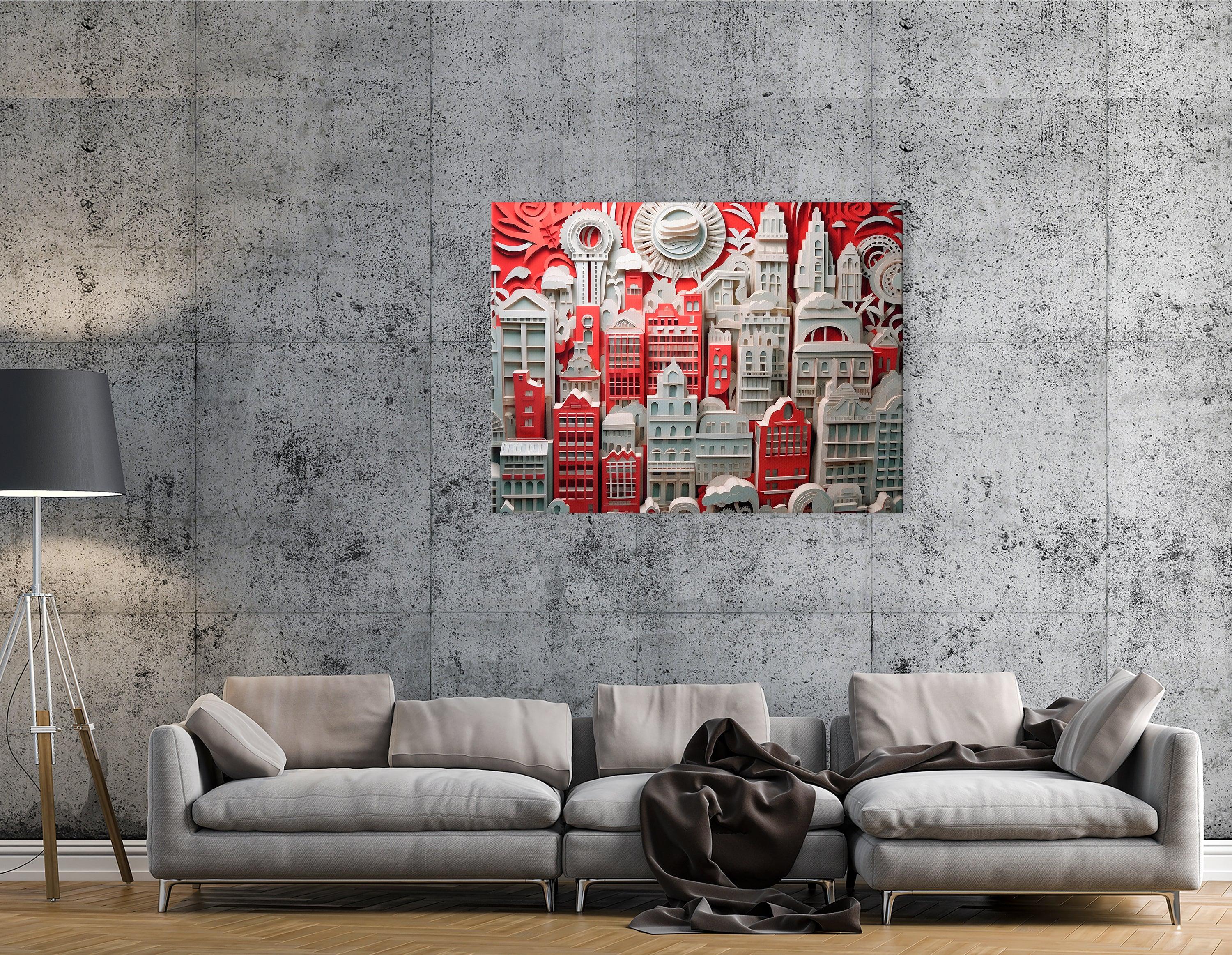 Urban Scenes Canvas Print in Red and White Paper - Canvas Print - Artoholica Ready to Hang Canvas Print