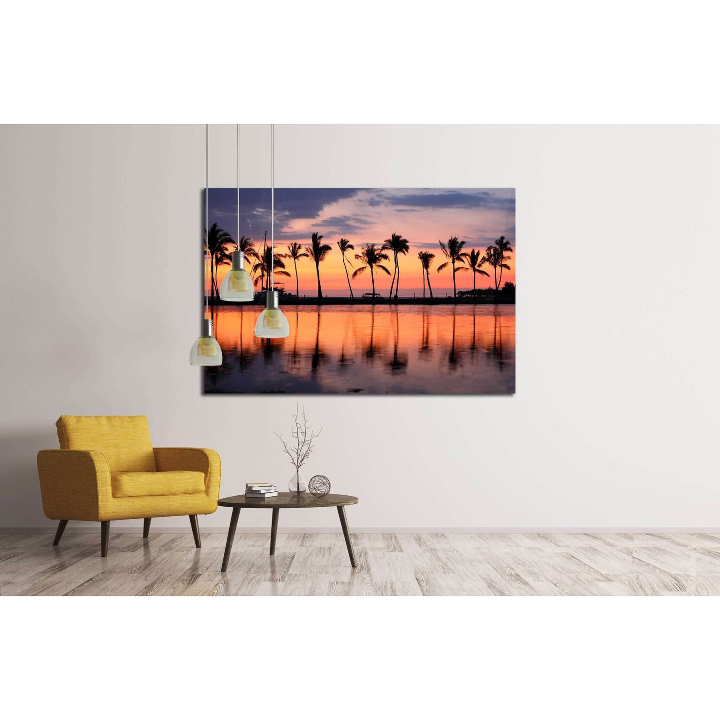 Tropical Sunset and Palm Trees Canvas Print for Coastal Wall DecorThis canvas print beautifully captures a tropical sunset with silhouetted palm trees against a vibrant sky. The reflections on the calm water create a symphony of colors, ideal for bringing