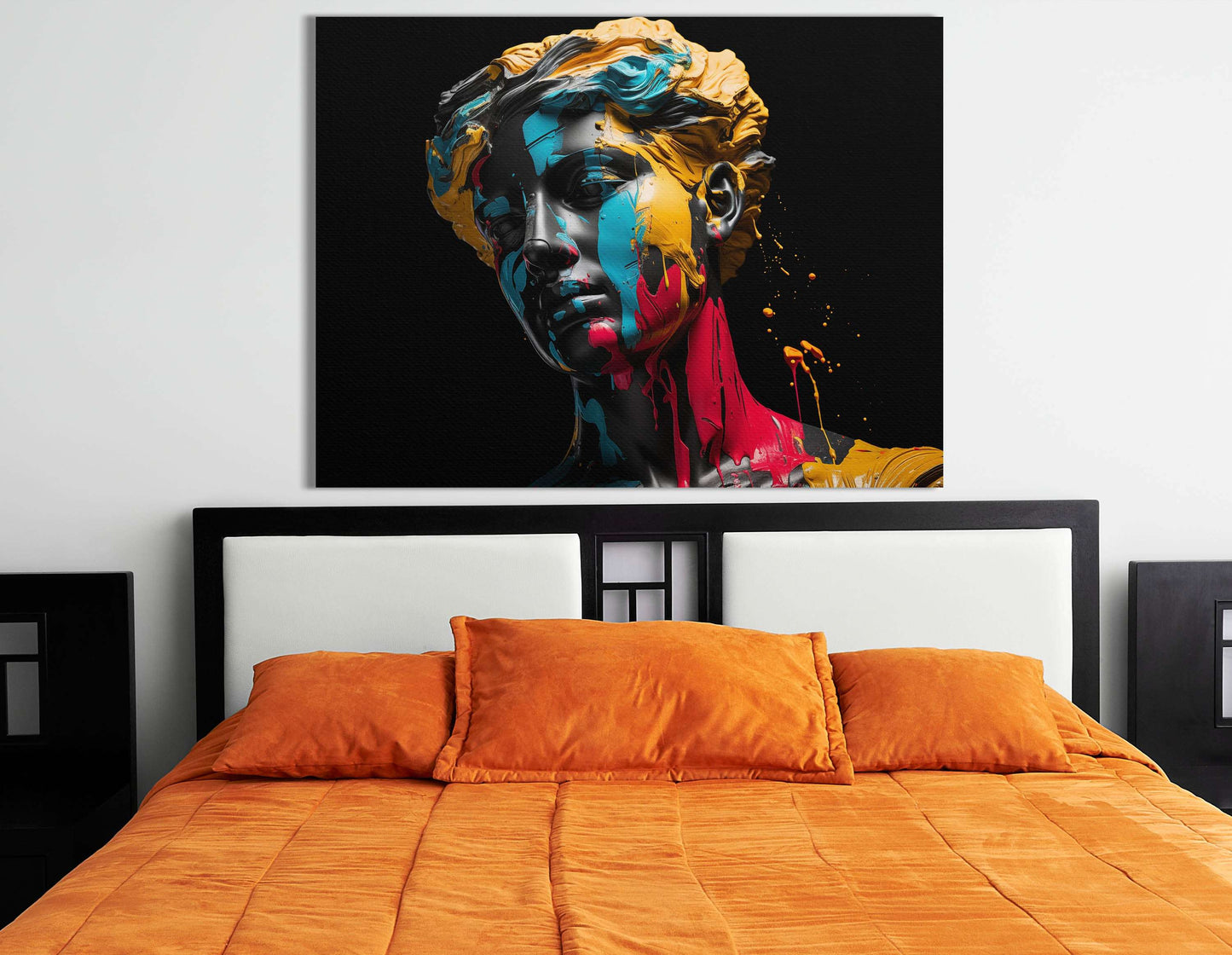 Vivid Paint Splatter on Sculpture - Canvas Print - Artoholica Ready to Hang Canvas Print