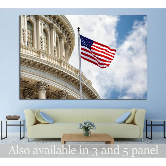 Washington DC Capitol with waving american flag №1289 Ready to Hang Canvas PrintCanvas art arrives ready to hang, with hanging accessories included and no additional framing required. Every canvas print is hand-crafted, made on-demand at our workshop and