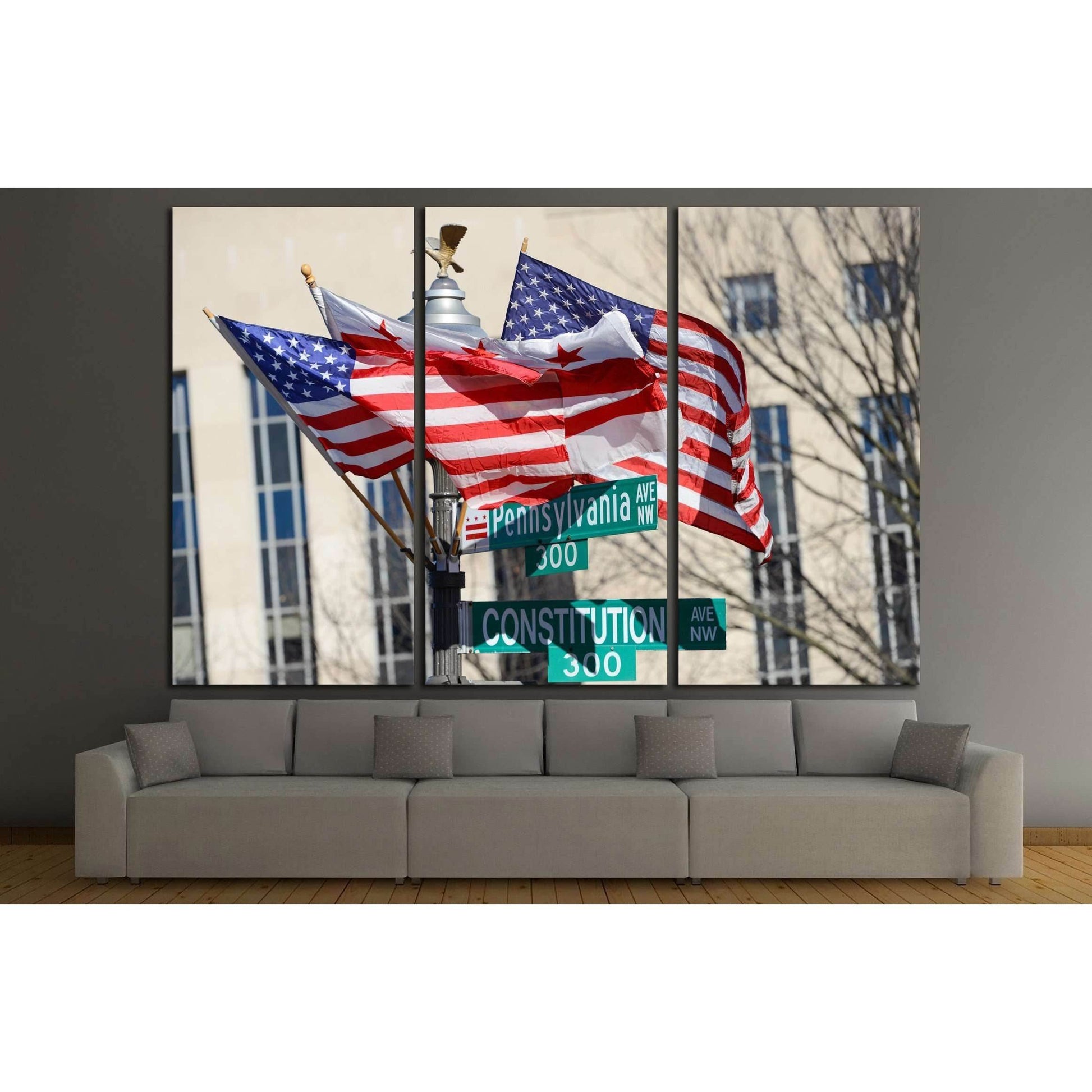 Washington DC, Pennsylvania Avenue and Constitution Avenue junction street signs with DC and United States of America flags on the same post №2271 Ready to Hang Canvas PrintCanvas art arrives ready to hang, with hanging accessories included and no additio