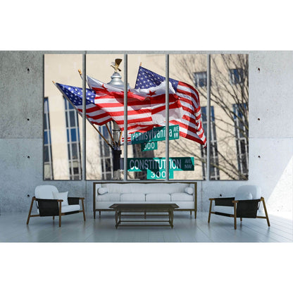 Washington DC, Pennsylvania Avenue and Constitution Avenue junction street signs with DC and United States of America flags on the same post №2271 Ready to Hang Canvas PrintCanvas art arrives ready to hang, with hanging accessories included and no additio