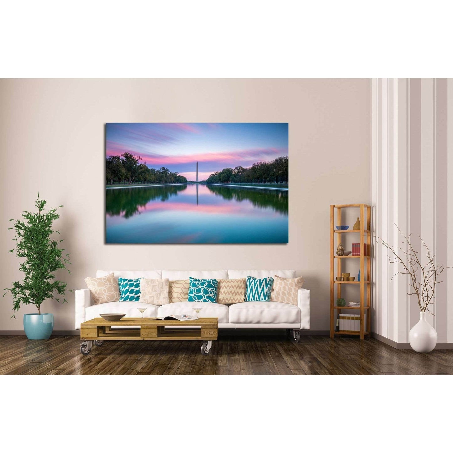 Washington Monument and Lincoln Memorial at Sunset Inspirational Office ArtThis canvas print captures a serene sunrise or sunset over the Reflecting Pool with a view towards the Washington Monument in Washington, D.C. The tranquil waters mirror the vibran