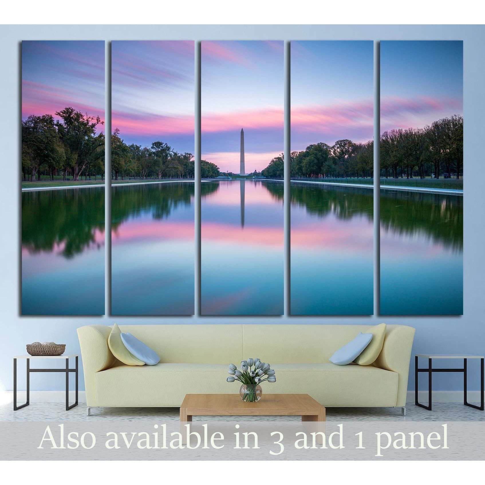 Washington Monument and Lincoln Memorial at Sunset Inspirational Office ArtThis canvas print captures a serene sunrise or sunset over the Reflecting Pool with a view towards the Washington Monument in Washington, D.C. The tranquil waters mirror the vibran