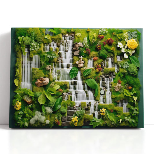 Water and Land Fusion in 3D Waterfall and Moss - Canvas Print - Artoholica Ready to Hang Canvas Print
