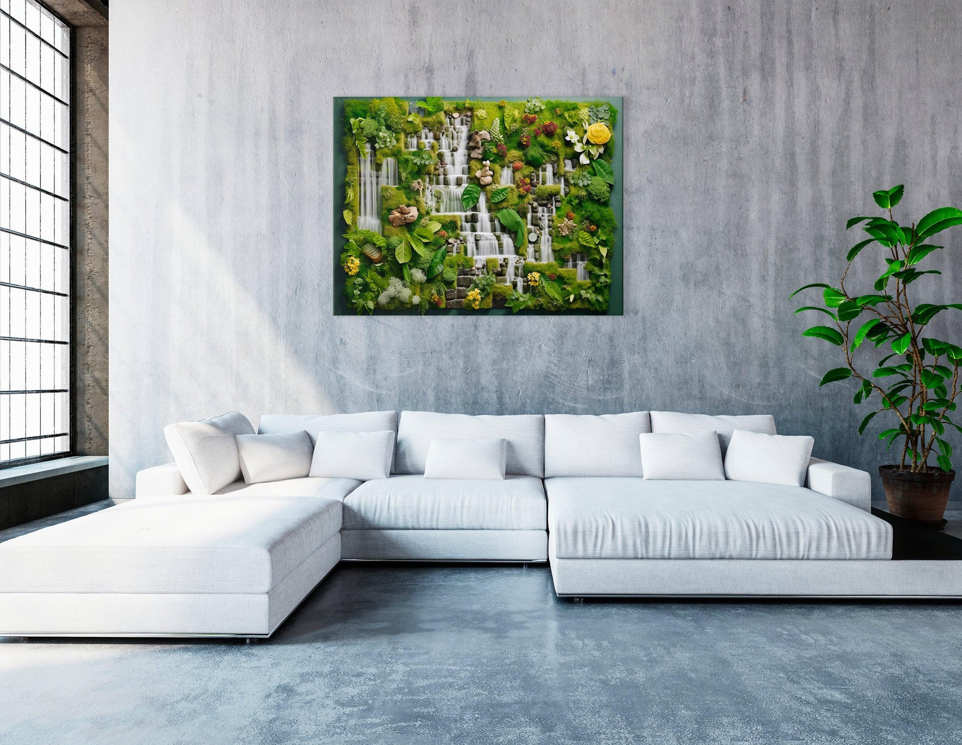 Water and Land Fusion in 3D Waterfall and Moss - Canvas Print - Artoholica Ready to Hang Canvas Print