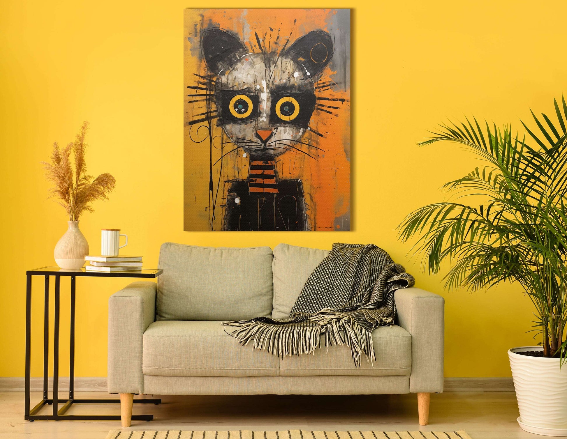 Whimsical Feline with Vibrant Yellow Accents - Canvas Print - Artoholica Ready to Hang Canvas Print