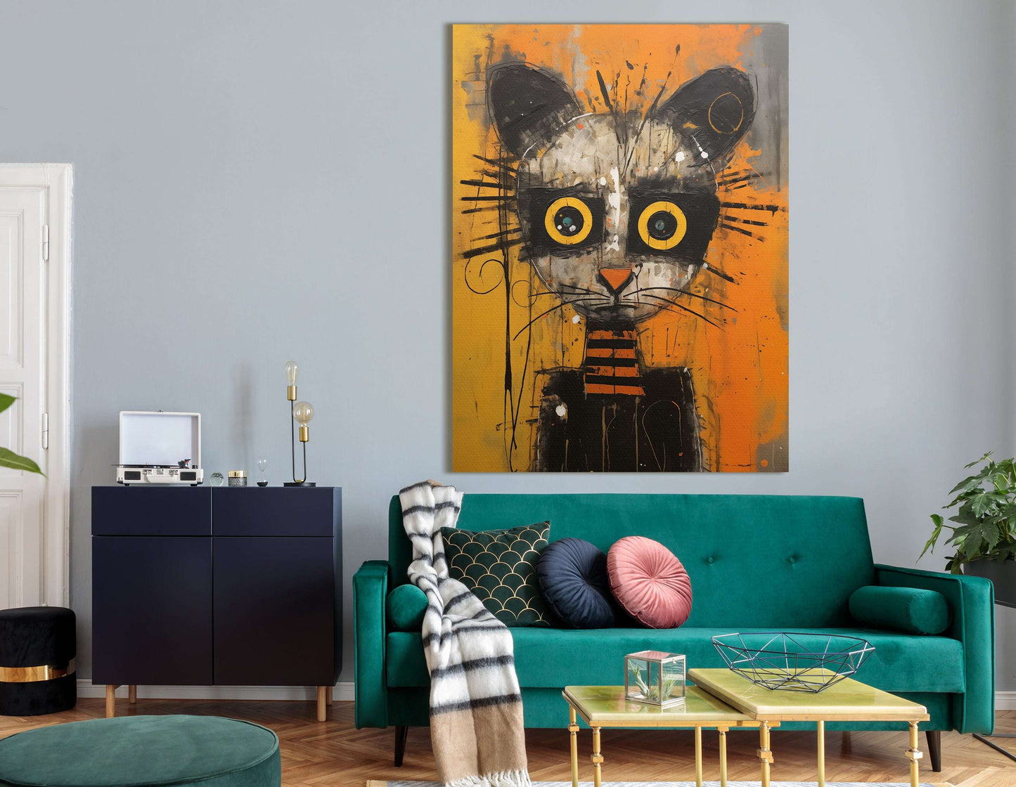 Whimsical Feline with Vibrant Yellow Accents - Canvas Print - Artoholica Ready to Hang Canvas Print