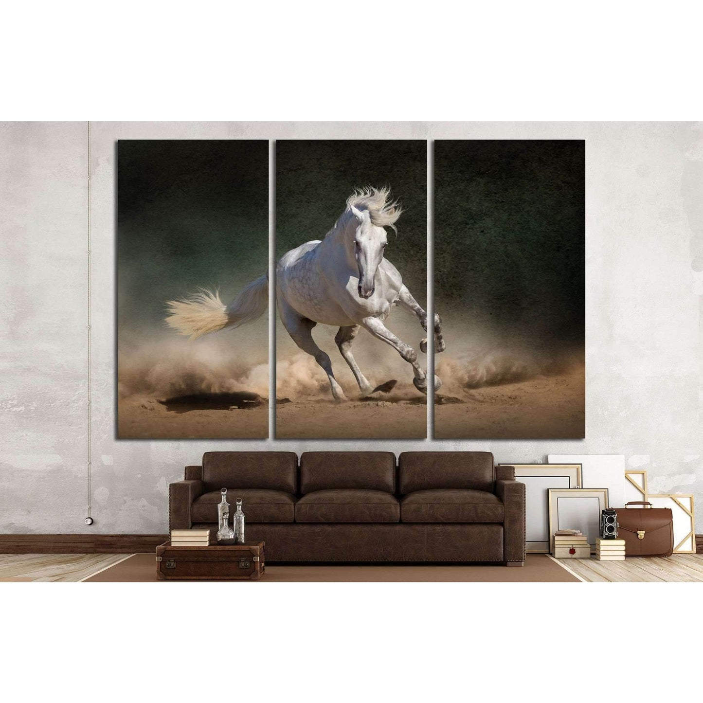 White andalusian horse in desert dust against dark background №1855 Ready to Hang Canvas PrintCanvas art arrives ready to hang, with hanging accessories included and no additional framing required. Every canvas print is hand-crafted, made on-demand at our