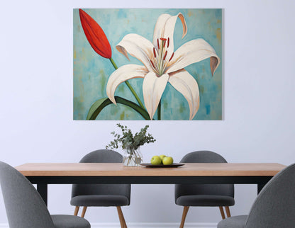 White Lily with Red Bud on Blue - Canvas Print - Artoholica Ready to Hang Canvas Print