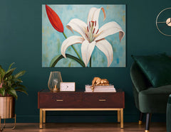 White Lily with Red Bud on Blue - Canvas Print - Artoholica Ready to Hang Canvas Print