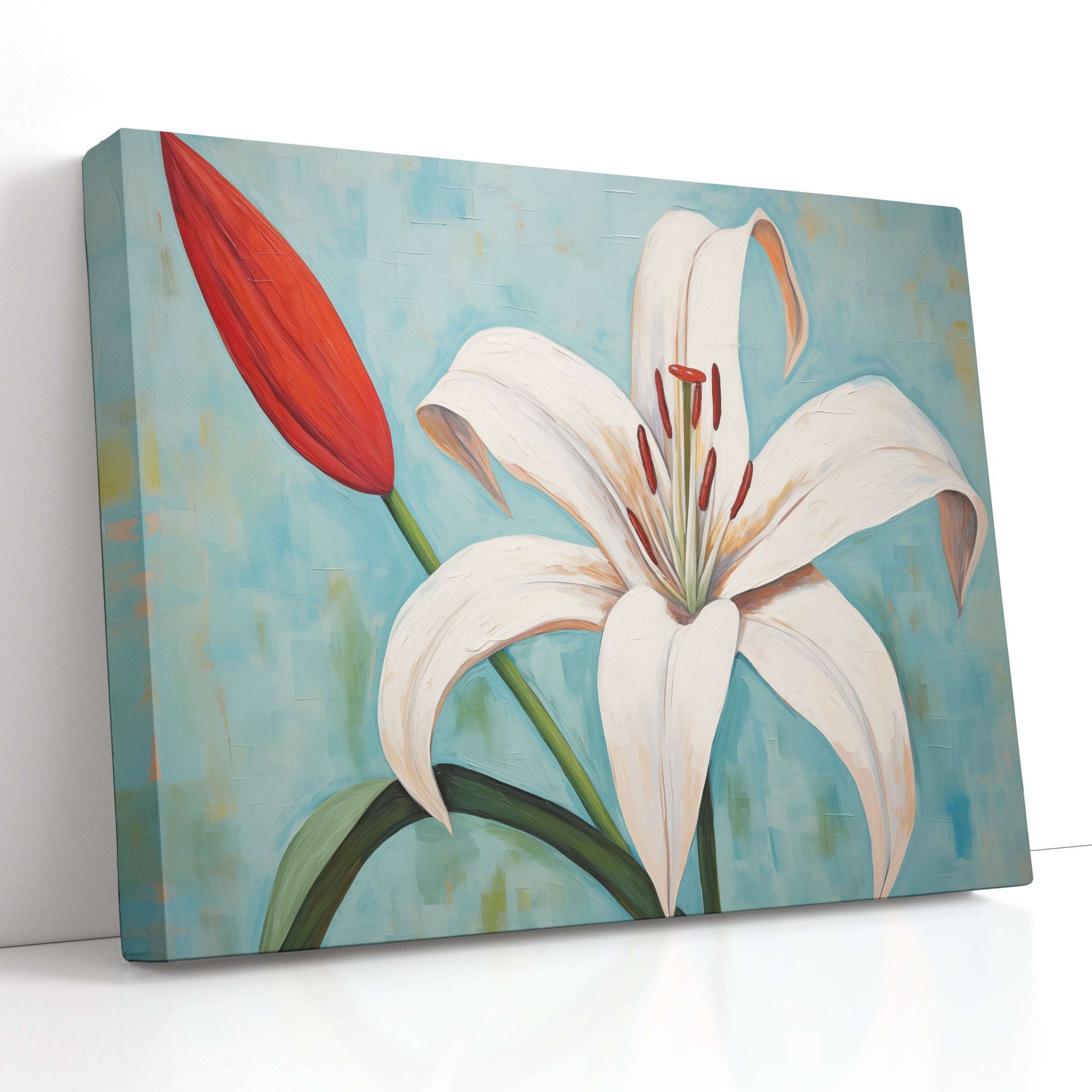 White Lily with Red Bud on Blue - Canvas Print - Artoholica Ready to Hang Canvas Print