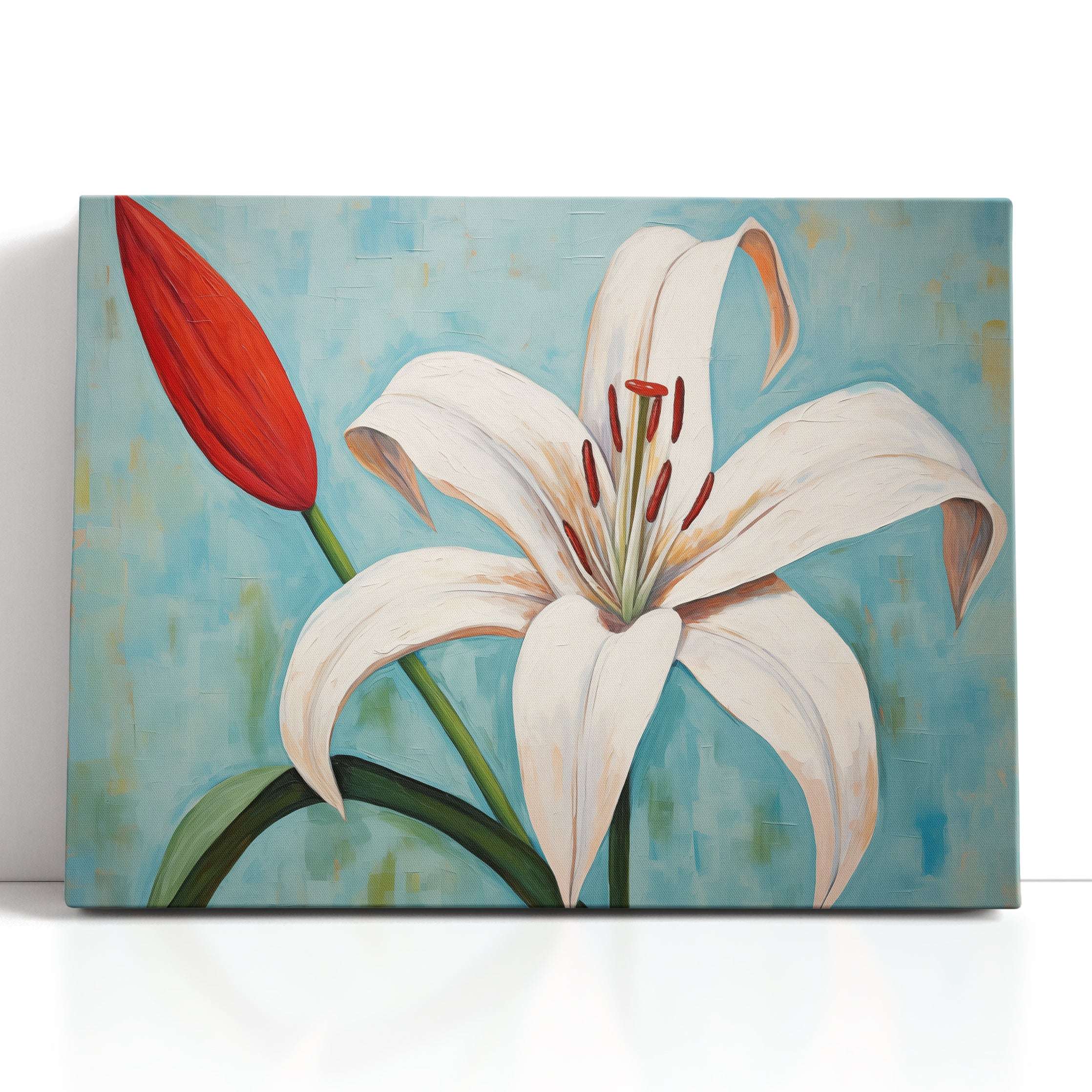 White Lily with Red Bud on Blue - Canvas Print - Artoholica Ready to Hang Canvas Print